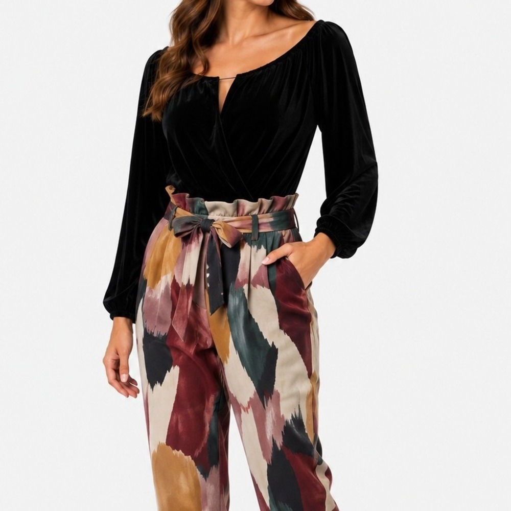 *NWT* Privy Velvet Surplice Bodysuit Women Large Black Long Sleeve Boho Y2K